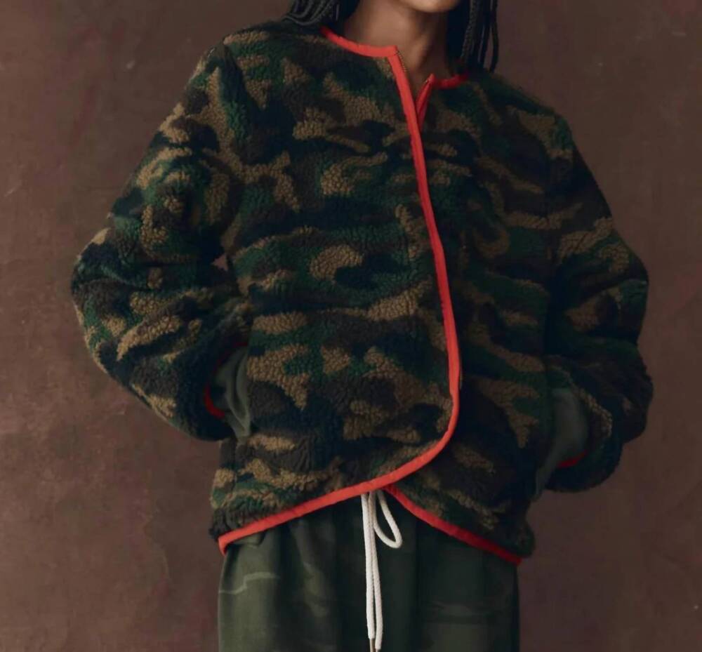 NEW THE GREAT. reversible plush bomber jacket in camo